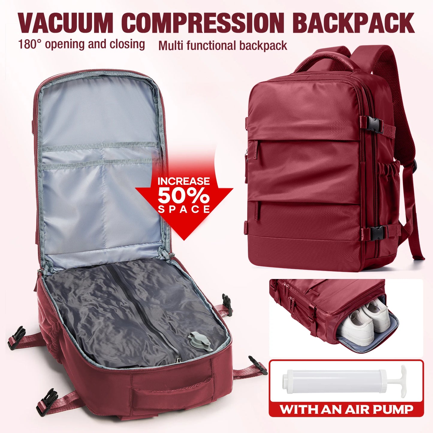 Travel Essentials Vacuum Storage Bag, Carry on Vacuum Compression Travel Backpack For Hiking, Compressed Space Saving Clothes