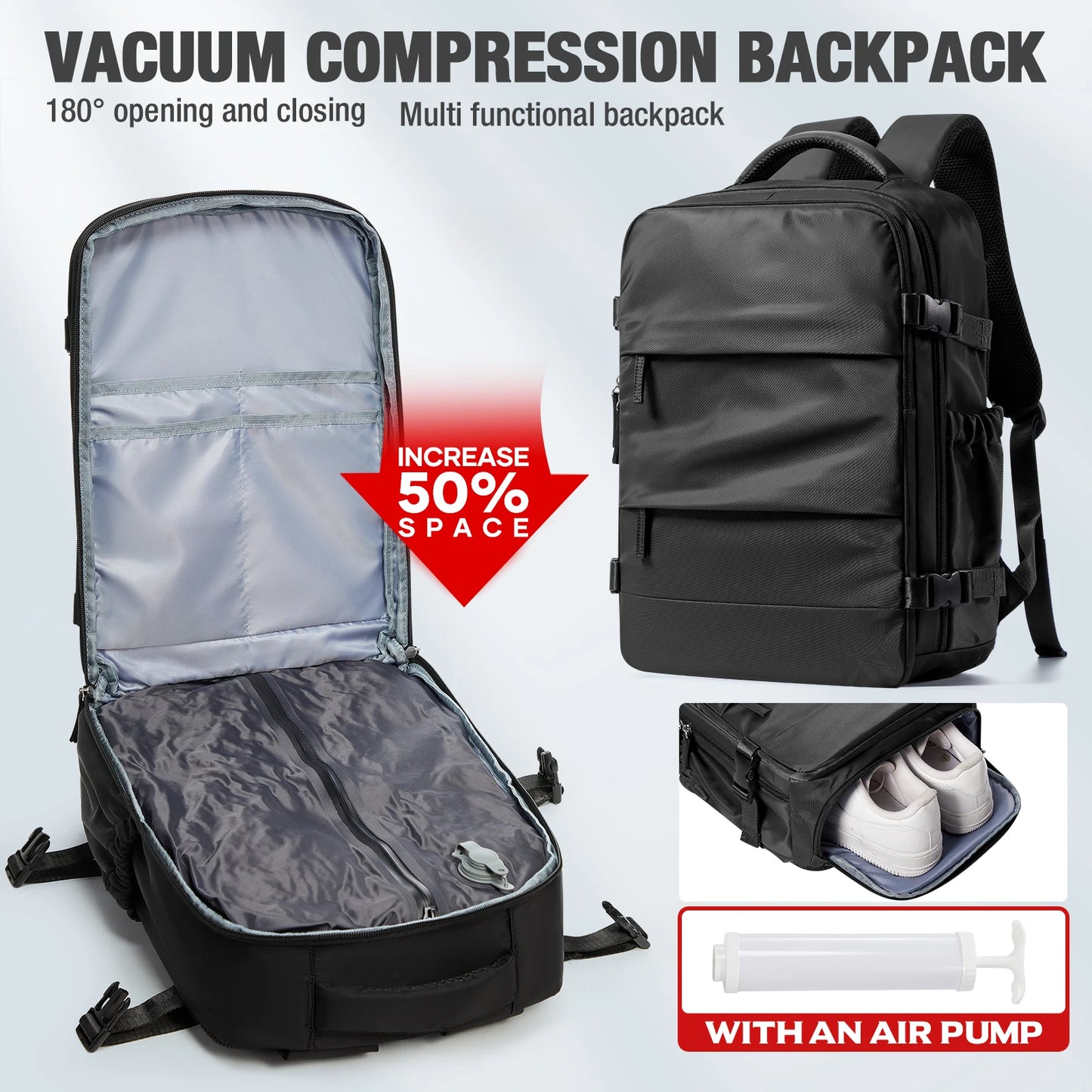 Travel Essentials Vacuum Storage Bag, Carry on Vacuum Compression Travel Backpack For Hiking, Compressed Space Saving Clothes
